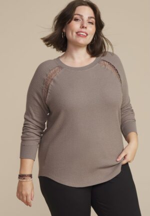 Plus Size Crochet Trim Waffle Knit Long Sleeve Tee