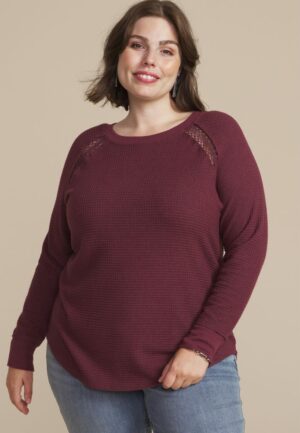 Plus Size Crochet Trim Waffle Knit Long Sleeve Tee