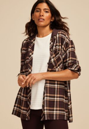 Plaid Hooded Boyfriend Button Down Shirt