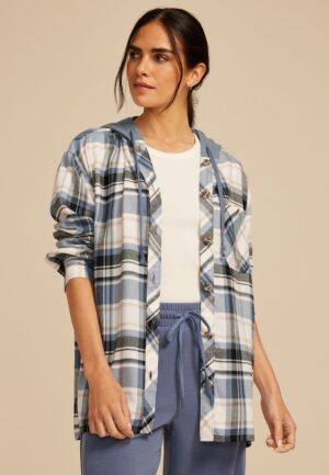 Plaid Hooded Boyfriend Button Down Shirt