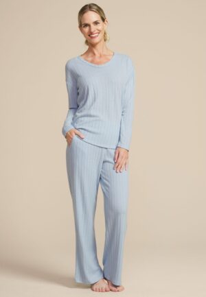 Cozy Wide Ribbed Long Sleeve Tee And Wide Leg Pajama Set