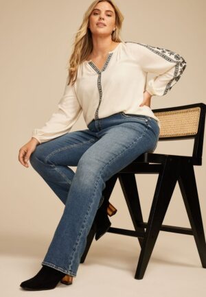 Plus Size Embroidered Trim V Neck Blouse
