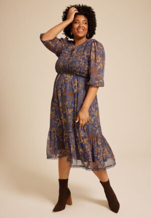 Plus Size Floral Smocked Midi Dress