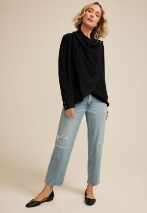 Asymmetrical Waffle Knit Button Wrap Cardigan