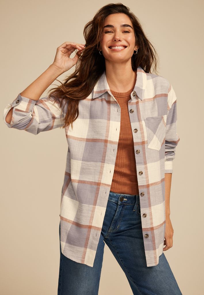 Cabin Plaid Boyfriend Tunic Button Down Shirt