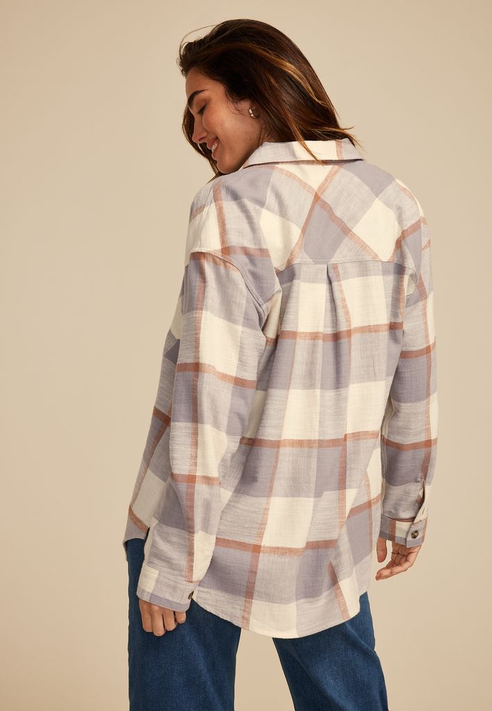 Cabin Plaid Boyfriend Tunic Button Down Shirt - Image 2