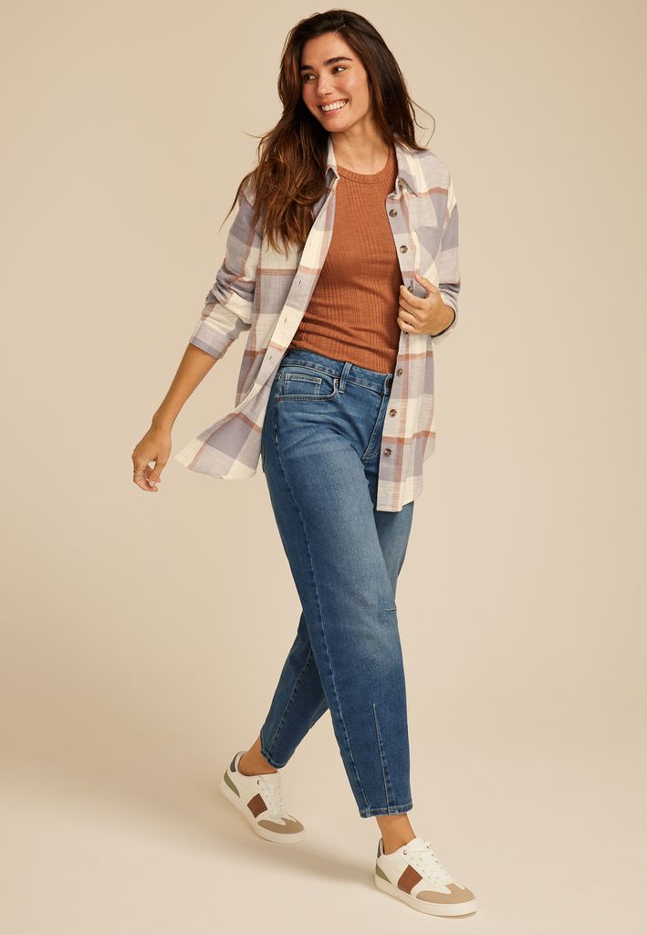 Cabin Plaid Boyfriend Tunic Button Down Shirt - Image 3