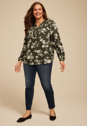Plus Size Olive Floral Peasant Blouse