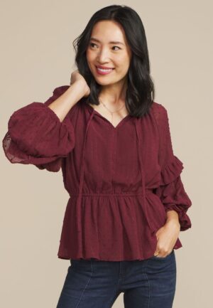 Clip Dot Long Sleeve Peplum Blouse