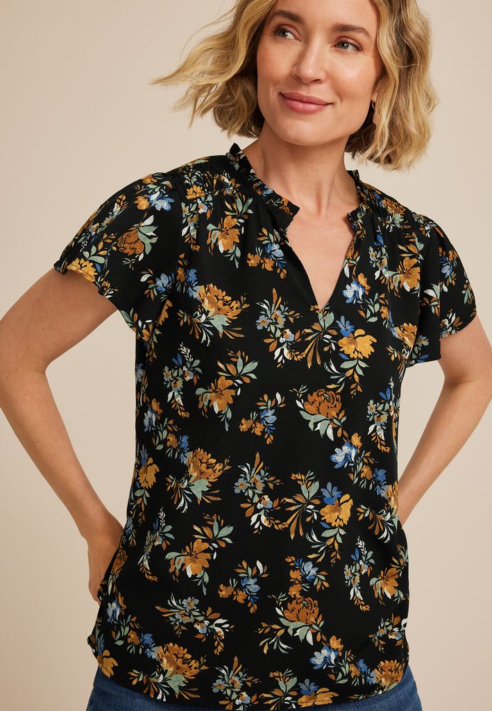 Atwood Floral Smocked Shoulder Flutter Sleeve Blouse