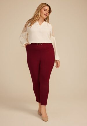 Plus Size Gold Buckle Ponte Pull On Skinny Pant