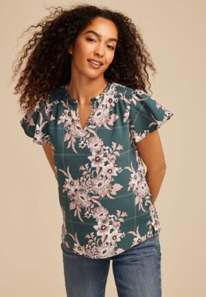 Atwood Floral Smocked Shoulder Flutter Sleeve Blouse