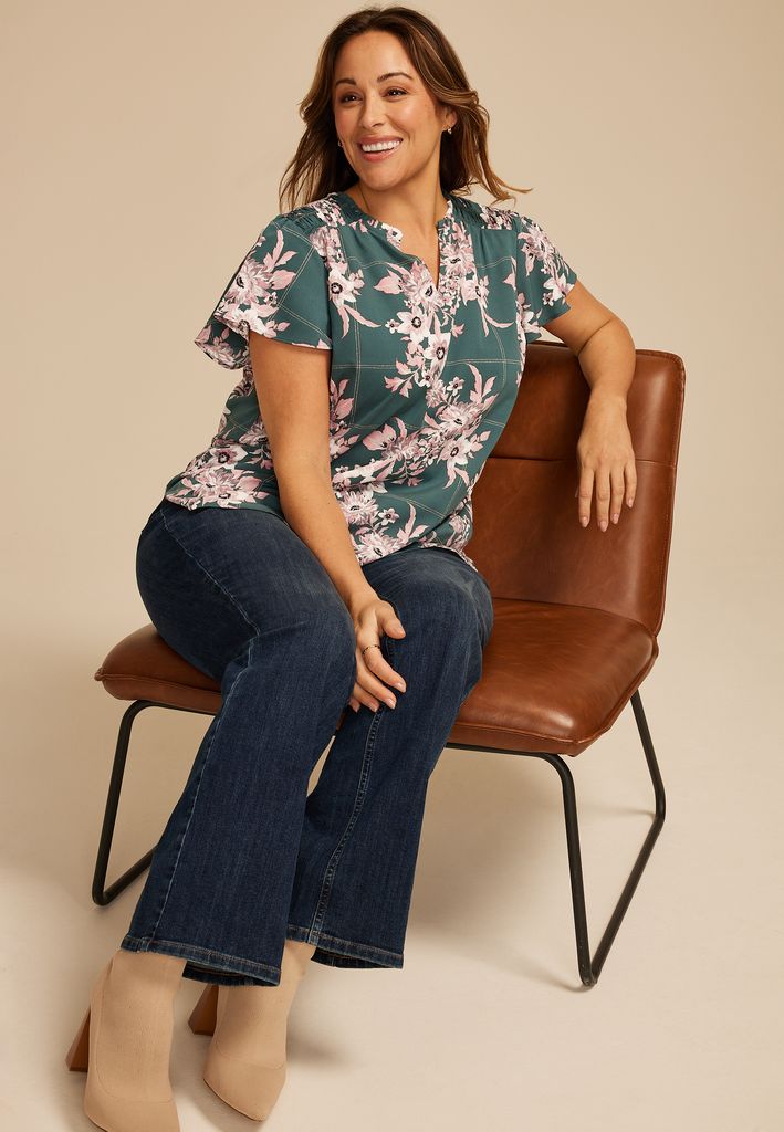 Plus Size Atwood Floral Smocked Shoulder Flutter Sleeve Blouse - Image 3