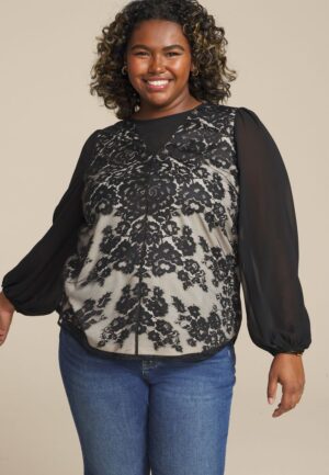 Plus Size Floral Lace Long Sleeve Blouse