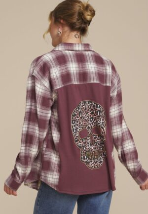 Cabin Plaid Graphic Back Leopard Skull Button Down Shirt