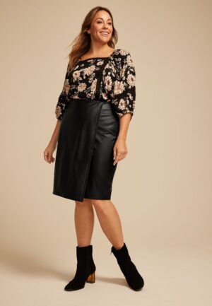 Plus Size Black Faux Leather Midi Wrap Skirt