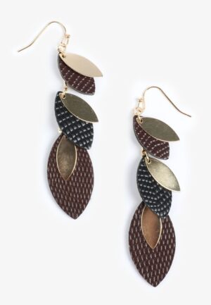Faux Leather Black And Brown Leaf Linear Drop Earrings