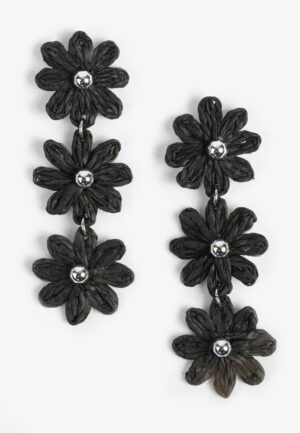 Black Triple Floral Raffia Drop Earrings