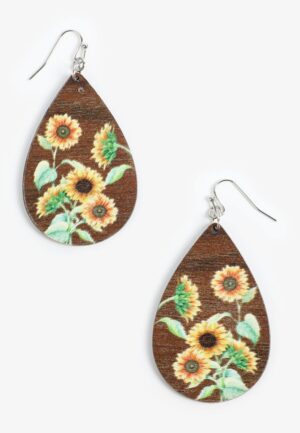 Sunflower Painted Wooden Drop Earrings