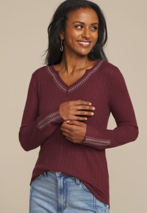 Embroidered Notch Neck Ribbed Long Sleeve Tee