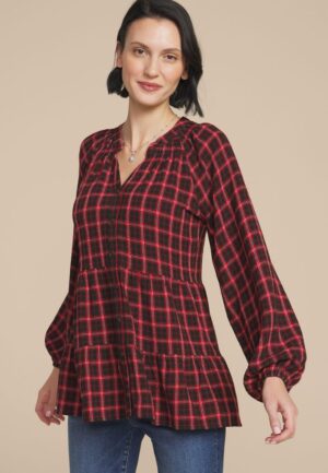 Plaid Tiered Button Front Blouse