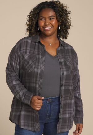 Plus Size Metallic Plaid Boyfriend Tunic Button Down Shirt