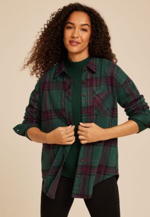 Plush Knit Plaid Boyfriend Button Down Shirt