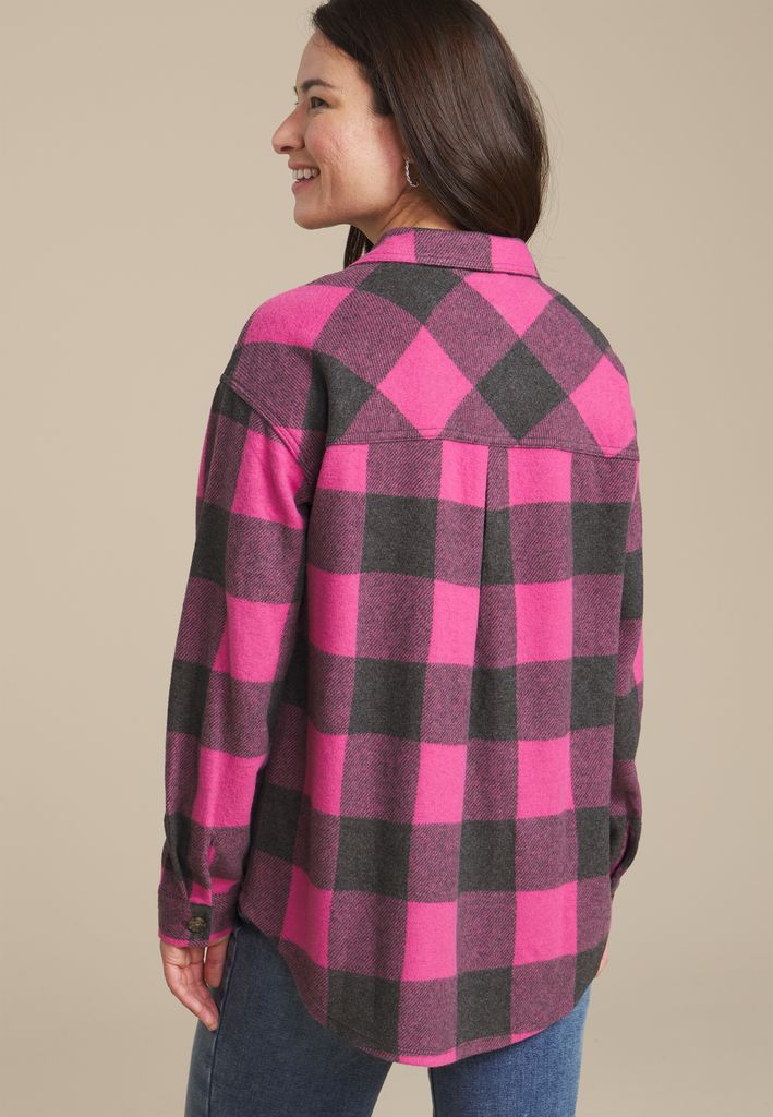 Plush Knit Buffalo Plaid Boyfriend Button Down Shirt - Image 2
