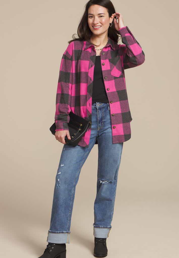 Plush Knit Buffalo Plaid Boyfriend Button Down Shirt - Image 3