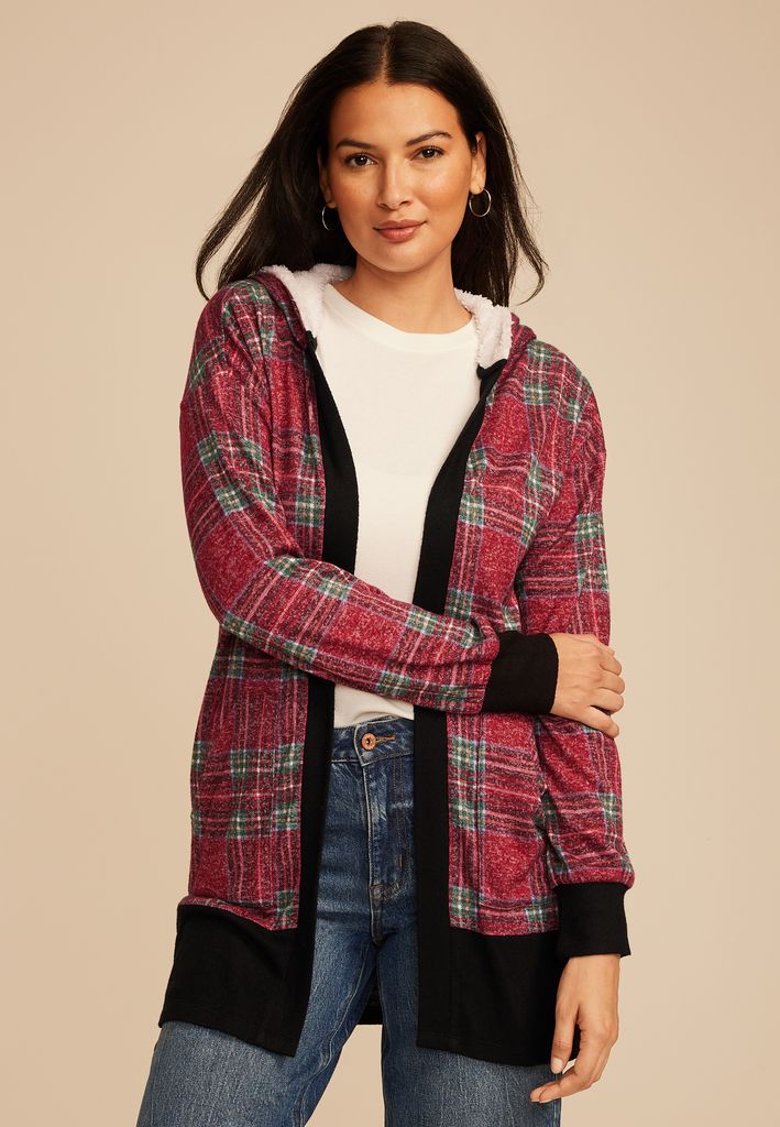 Buffalo Plaid Sherpa Lined Hood Cardigan