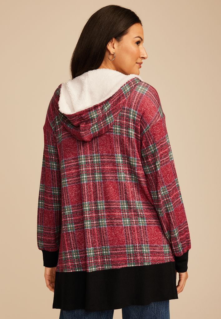 Buffalo Plaid Sherpa Lined Hood Cardigan - Image 2