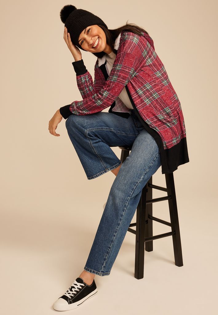 Buffalo Plaid Sherpa Lined Hood Cardigan - Image 3