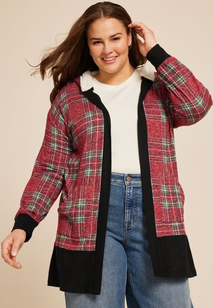 Plus Size Buffalo Plaid Sherpa Lined Hood Cardigan