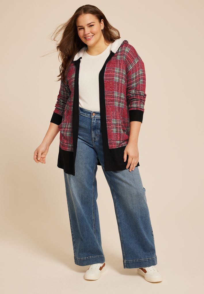 Plus Size Buffalo Plaid Sherpa Lined Hood Cardigan - Image 3