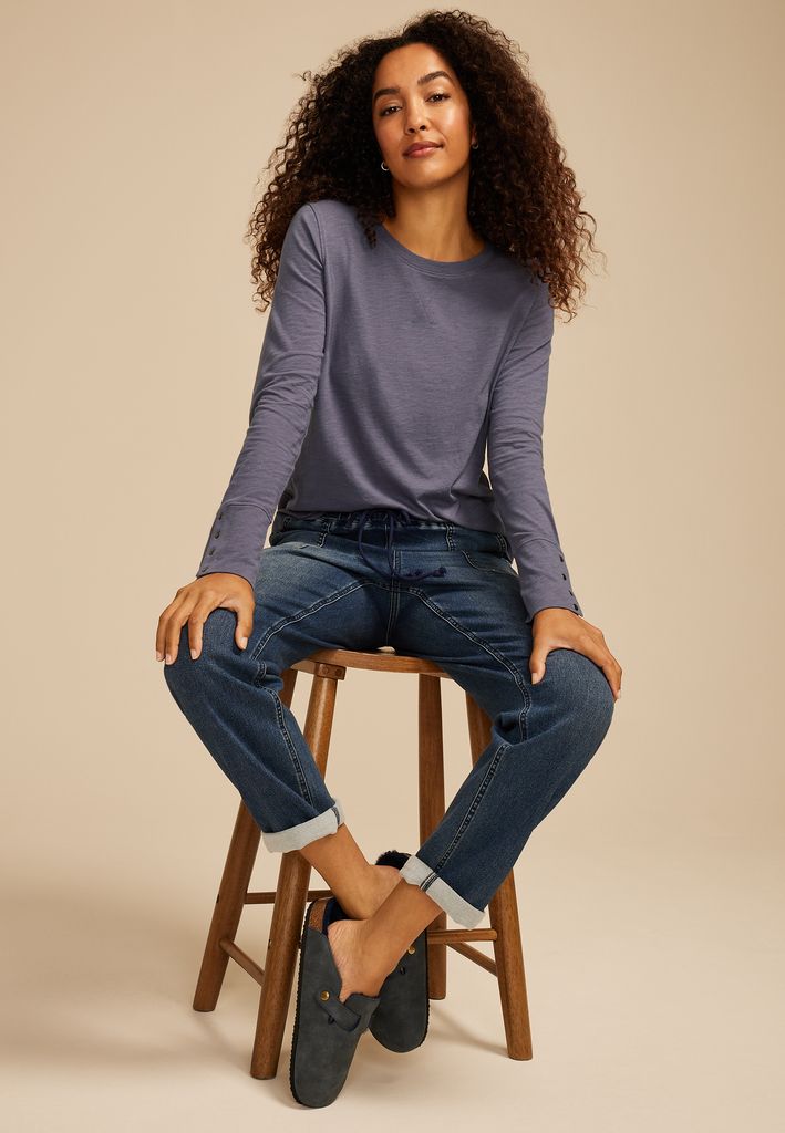 Solid Long Sleeve Snap Button Cuff Top - Image 3