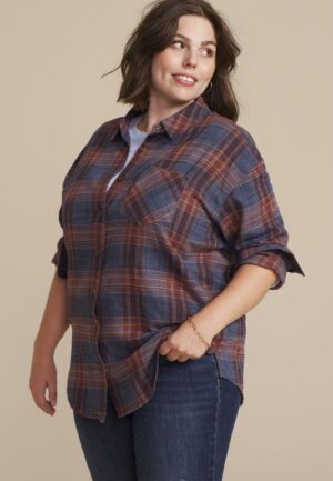 Plus Size Cabin Plaid Boyfriend Tunic Button Down Shirt