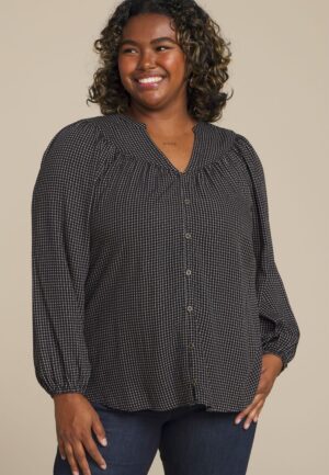 Plus Size Checkered Button Front Peasant Blouse