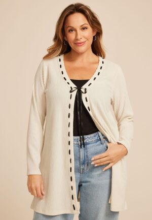 Plus Size Ribbed Bow Front Tie Cardigan