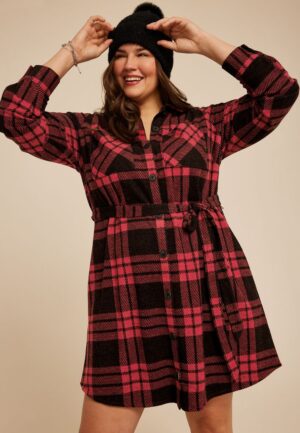 Plus Size Buffalo Plaid Belted Shirt Dress
