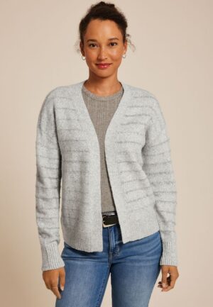 Tinsel Striped Eyelash Open Front Cardigan