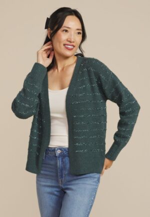 Tinsel Striped Eyelash Open Front Cardigan