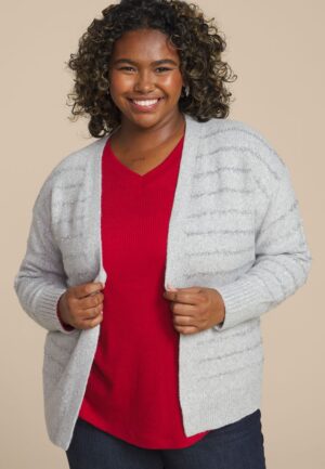 Plus Size Tinsel Striped Eyelash Open Front Cardigan