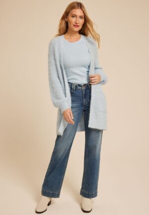 Eyelash Open Front Long Cardigan