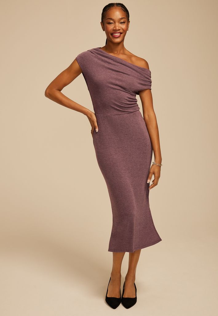 24/7 Asymmetrical Off The Shoulder Midi Dress - Image 3