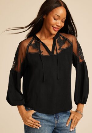 Studio Y Floral Embroidered Sheer Yoke Peasant Blouse