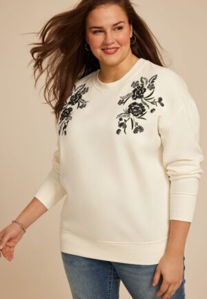 Plus Size Studio Y Floral Embroidered Sweatshirt