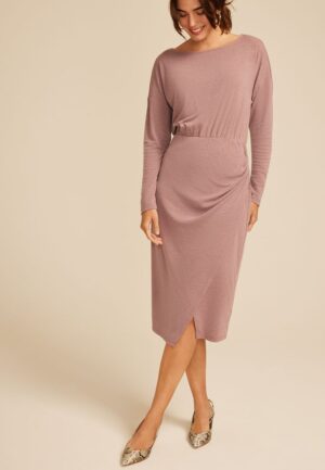 Mauve Boat Neck Faux Wrap Midi Dress