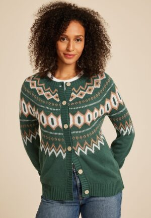 Green Fair Isle Button Front Cardigan