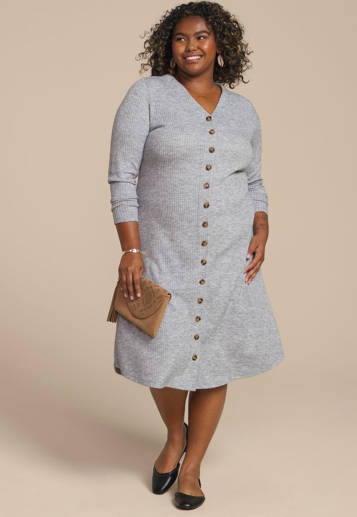 Plus Size Ribbed Knit Button Front Midi Dress - Image 3