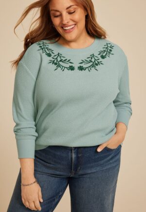 Plus Size Waffle Knit Floral Embroidered Relaxed Fit Sweatshirt